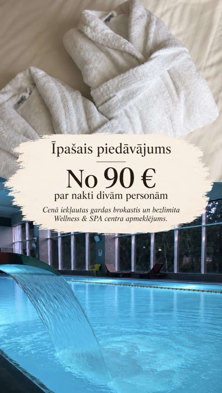 Специальное предложение от 90 € за ночь для двоих, в стоимость входят завтрак и неограниченное посещение центра Wellness & SPA. Халаты и крытый бассейн отеля.